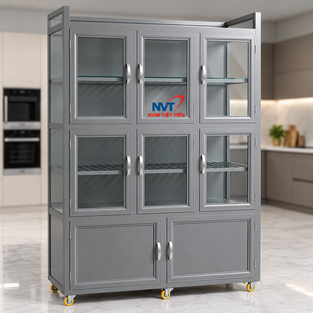 Tủ nhôm kính khung xám kiểu Xingfa ba khoang
