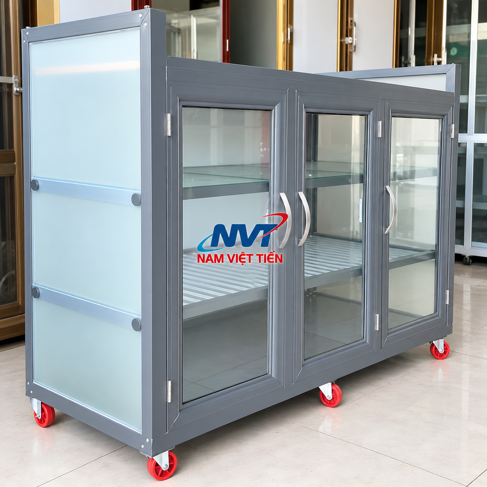 Tủ nhôm kính màu xám ba cánh cửa kính trong