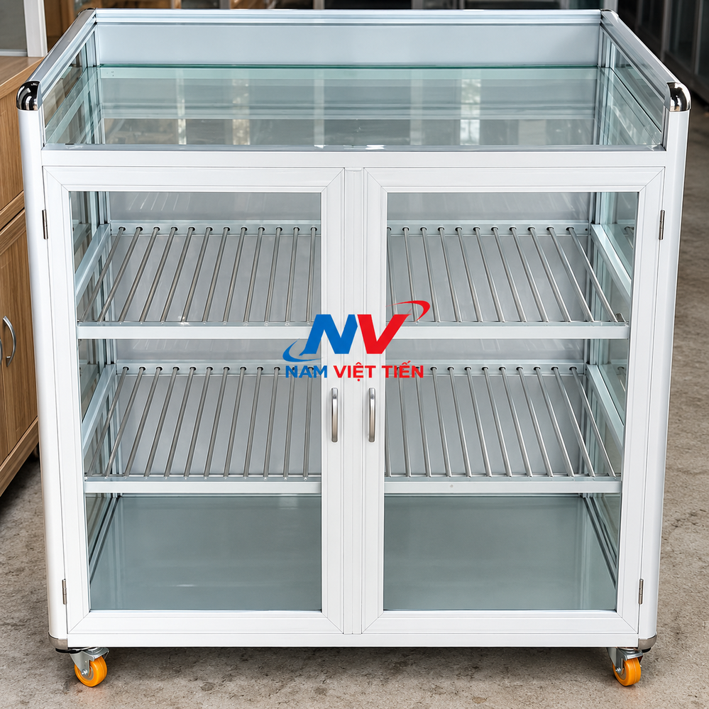 Tủ nhôm kính màu trắng với khay kính phía trên