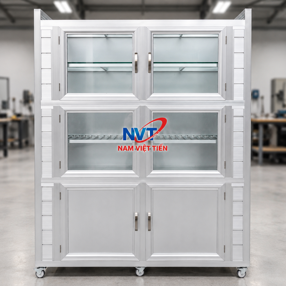 Tủ nhôm kính màu bạc thiết kế ba tầng