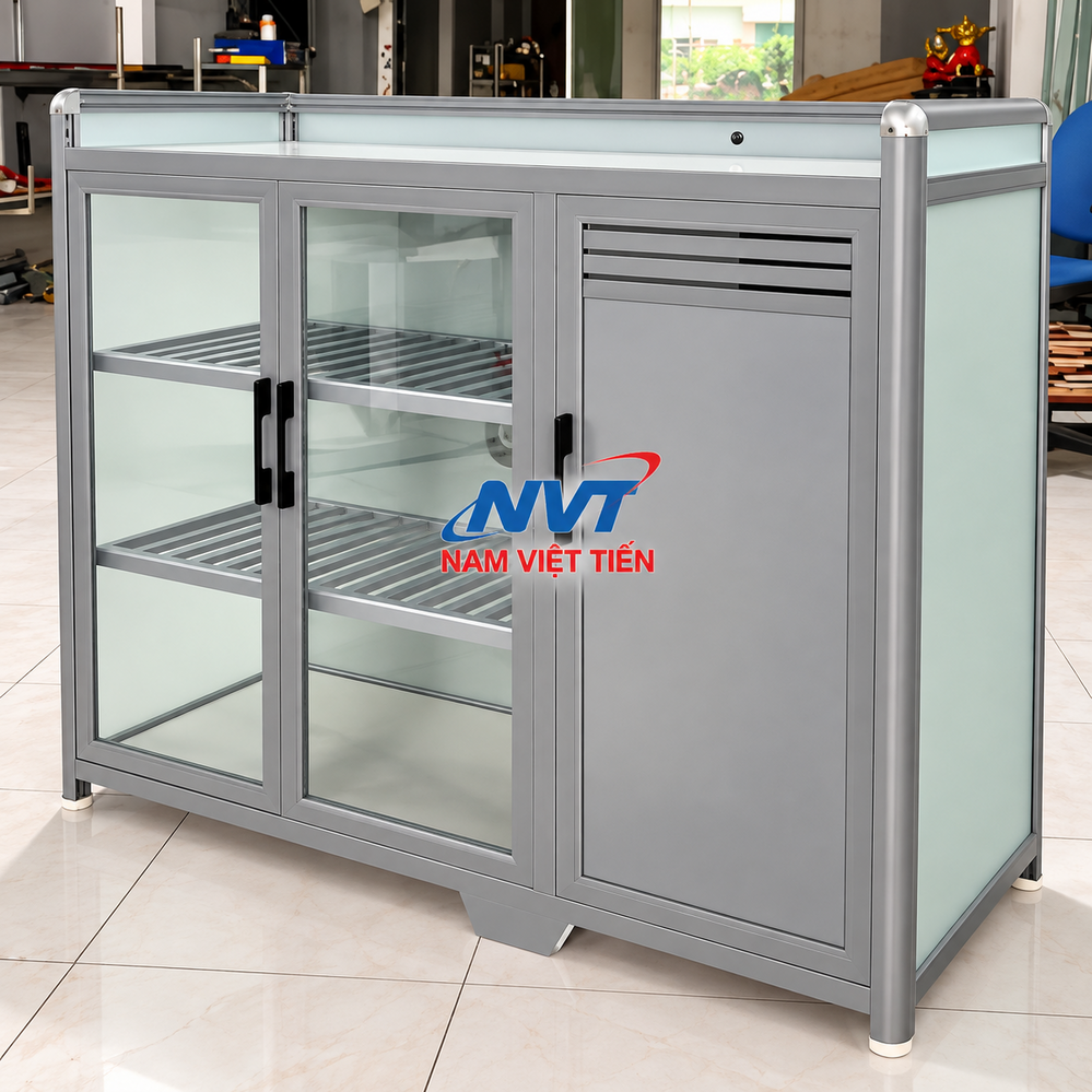 Tủ nhôm kính màu xám với cửa kính và khe gió