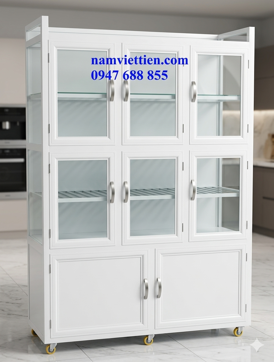 Mẫu tủ chén nhôm kính trắng đặt bếp