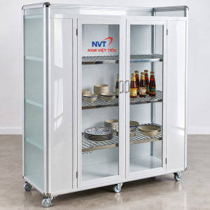 Tủ chén nhôm kính màu trắng đựng chén dĩa