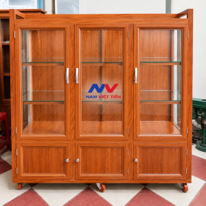 Tủ chén nhôm vân gỗ nâu ba cánh cửa kính