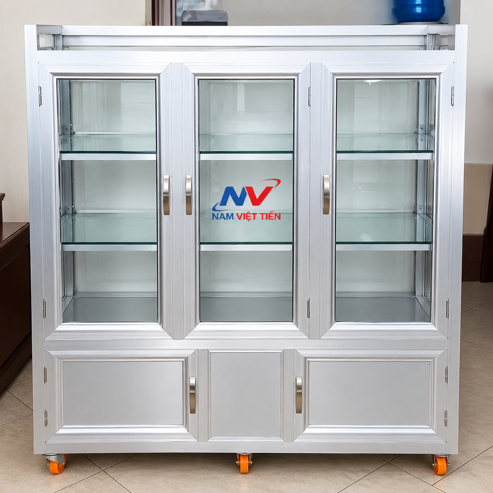 Tủ nhôm kính màu bạc ba ngăn cửa kính
