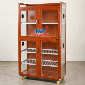 Tủ chén nhôm vân gỗ đỏ bốn ngăn có bánh xe
