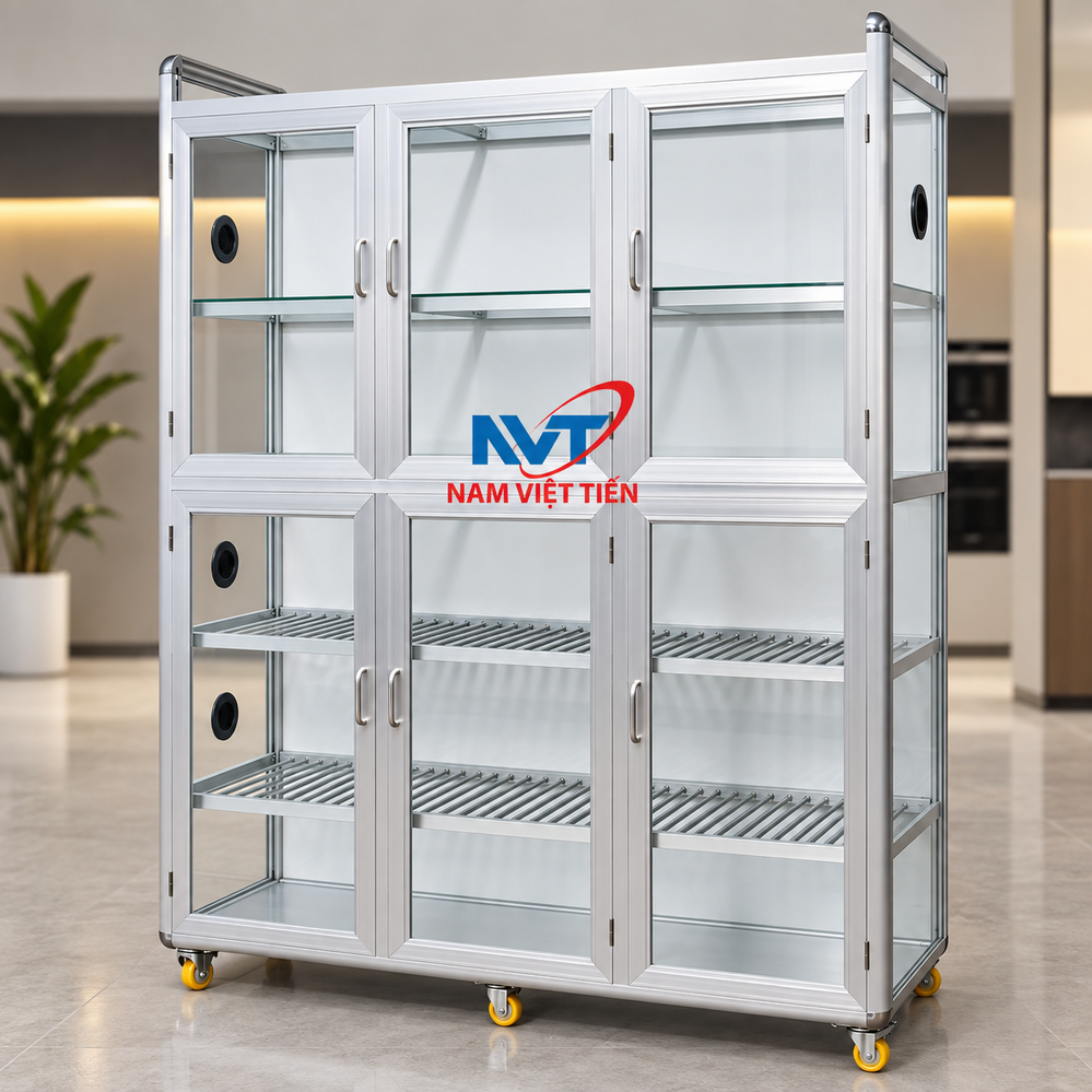 Tủ nhôm kính màu bạc sáu cánh cửa kính