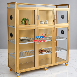 Tủ nhôm kính màu vàng trưng bày đồ trang trí