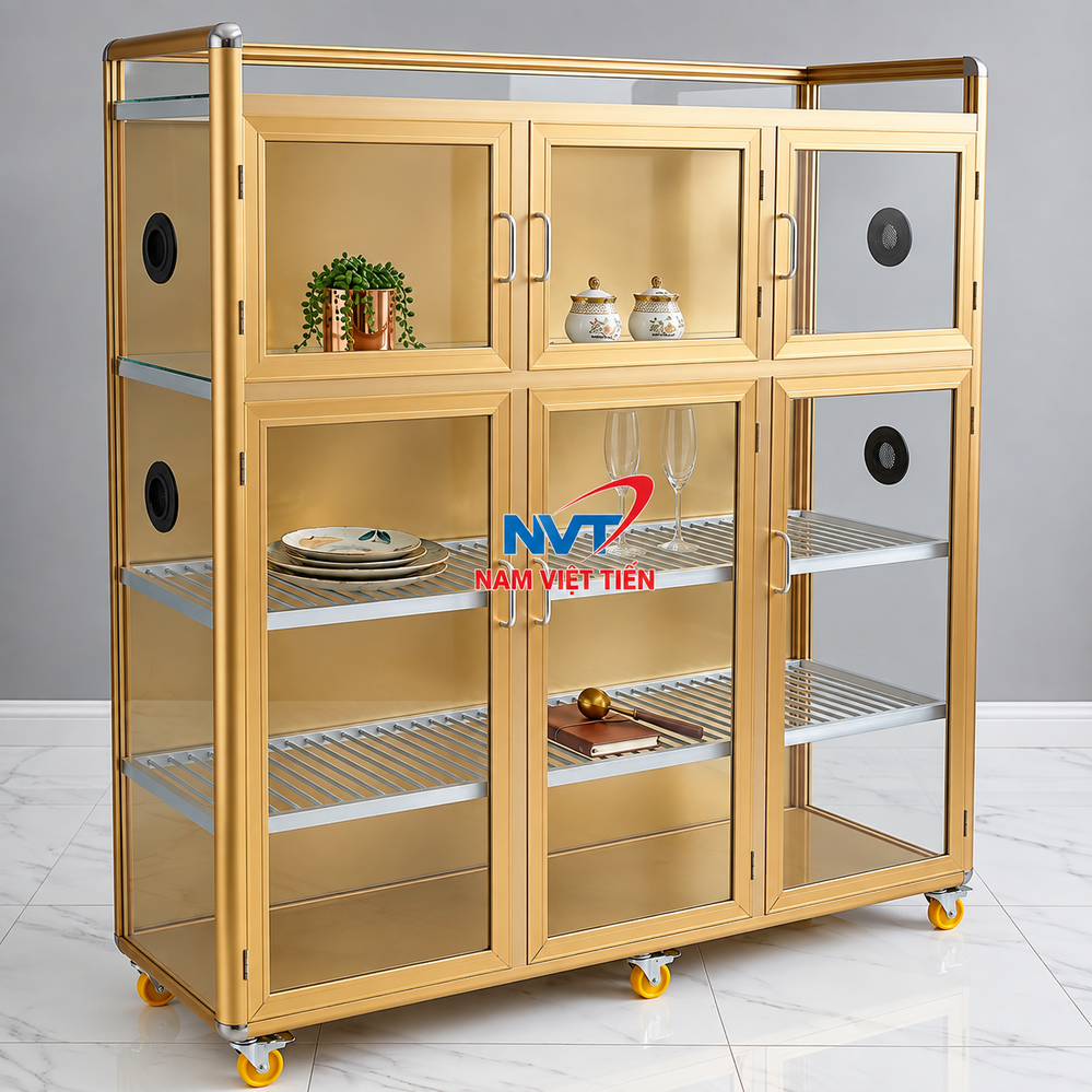 Tủ nhôm kính màu vàng trưng bày đồ trang trí
