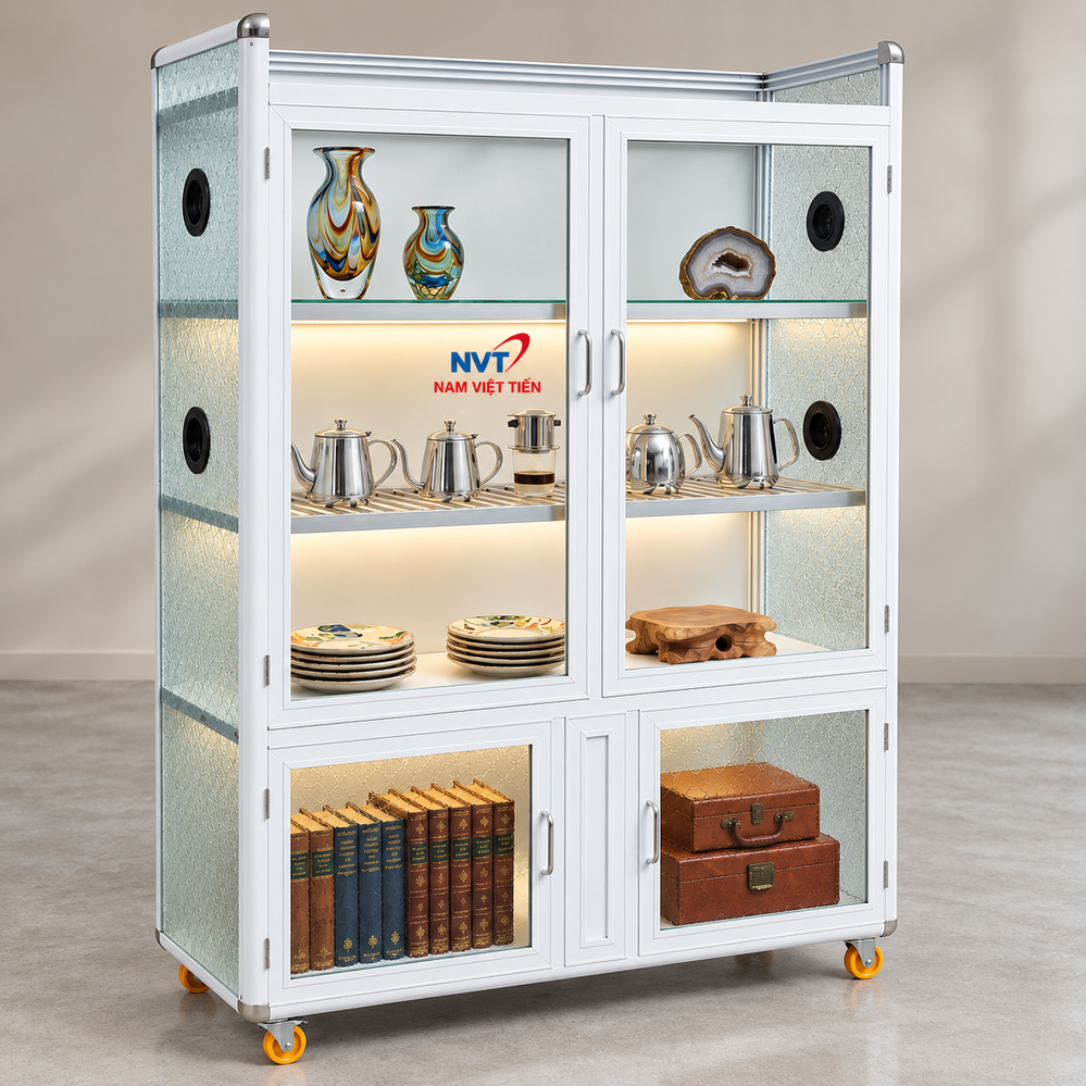 Tủ nhôm kính màu trắng trưng bày bình gốm và ấm trà