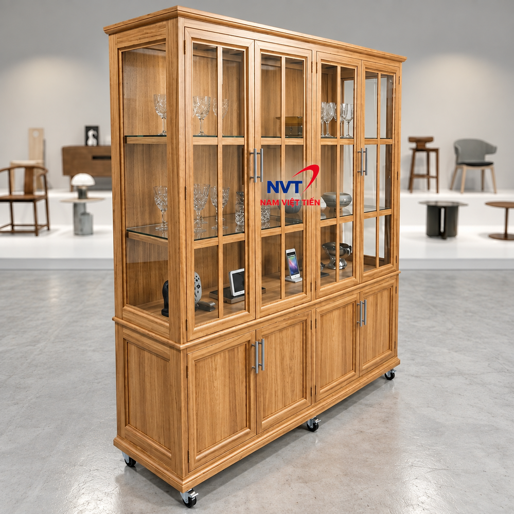 Tủ nhôm vân gỗ sáng trưng bày ly thủy tinh