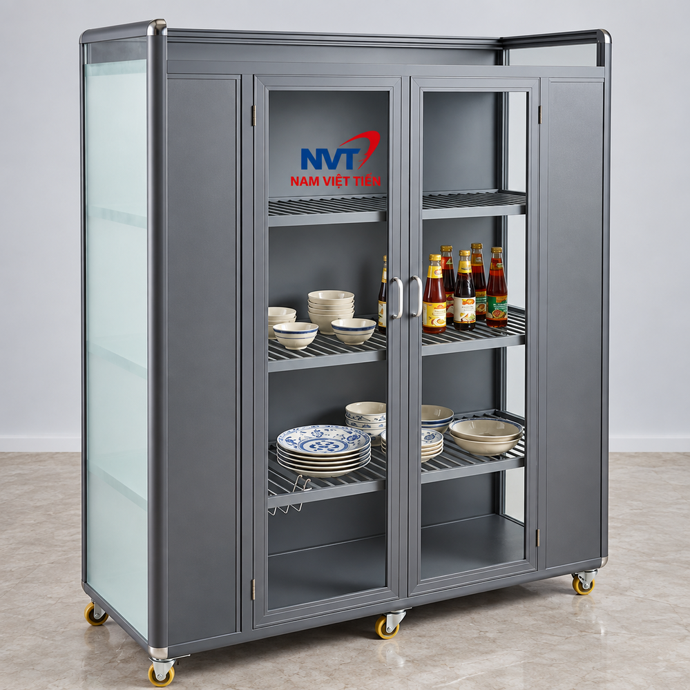Tủ chén nhôm kính xám đựng chén và gia vị