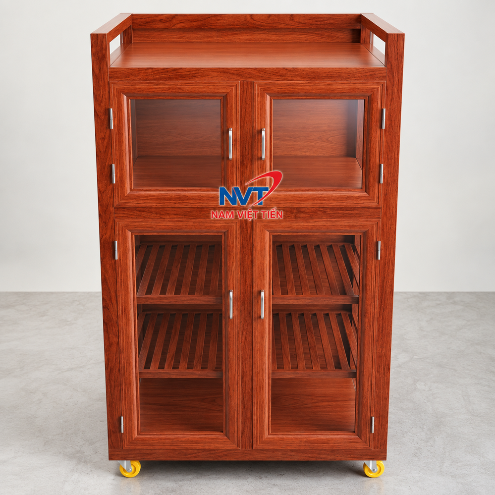 Tủ nhôm vân gỗ đỏ với cửa chớp phía dưới