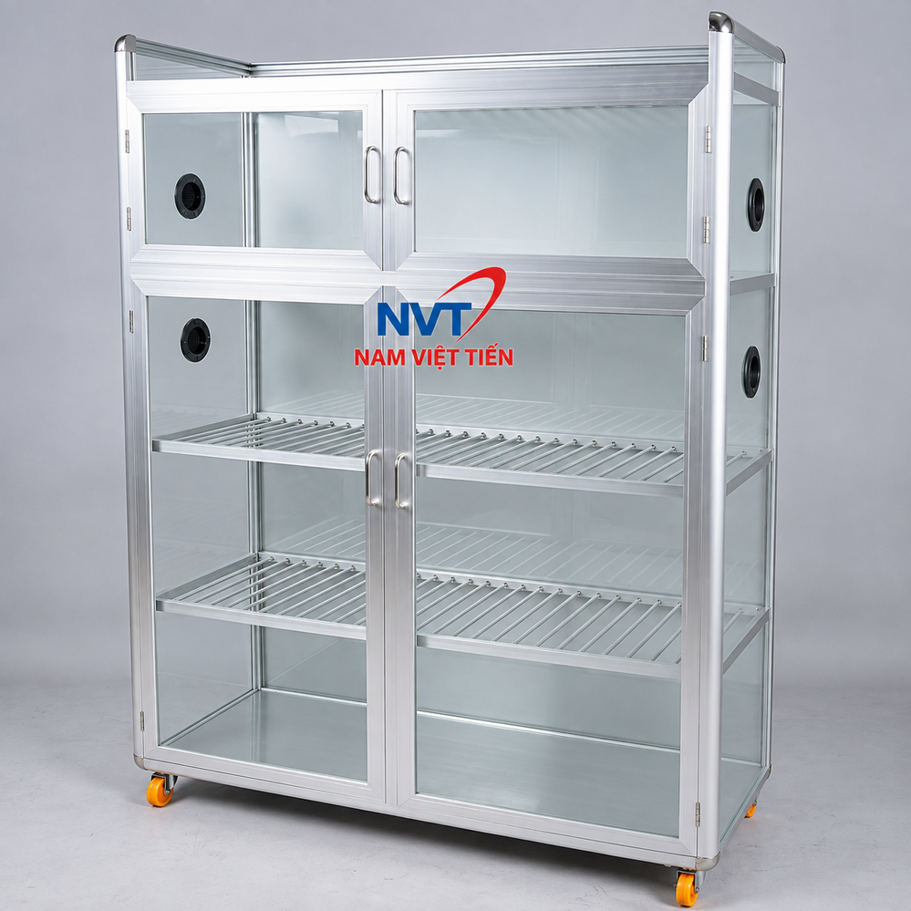 Tủ nhôm kính màu bạc bốn cánh cửa kính