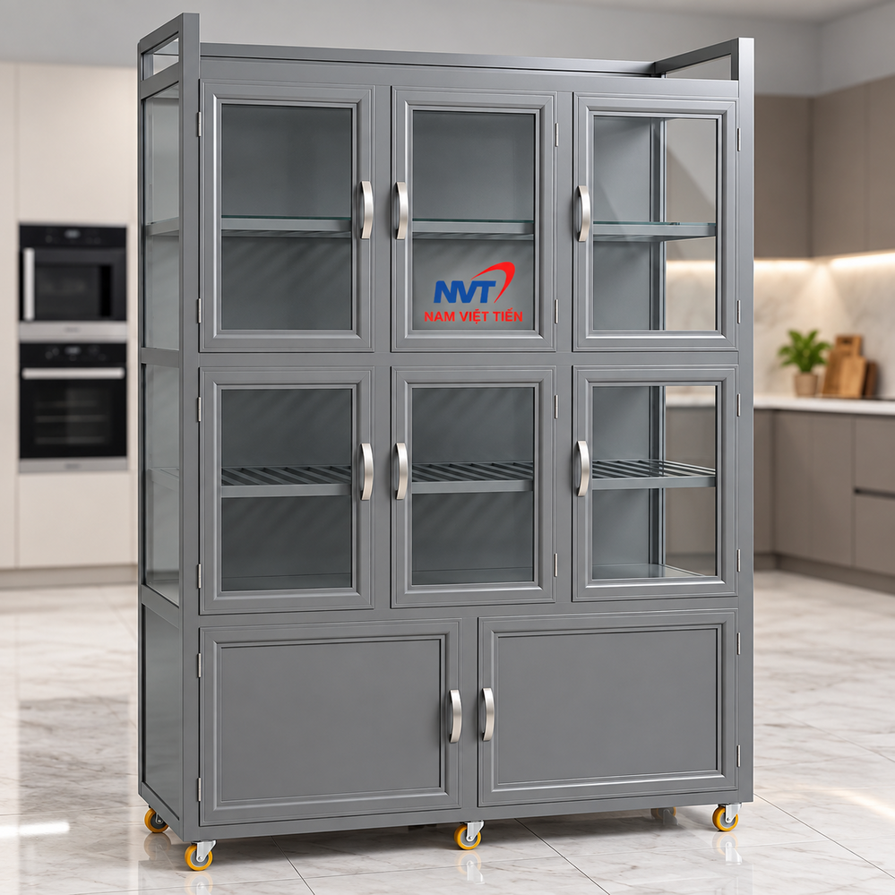 Tủ nhôm kính màu xám thiết kế ba tầng