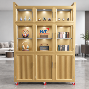 Tủ nhôm kính màu vàng trưng bày phụ kiện cao cấp