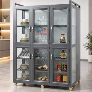 Tủ chén nhôm kính xám đựng chén và ly