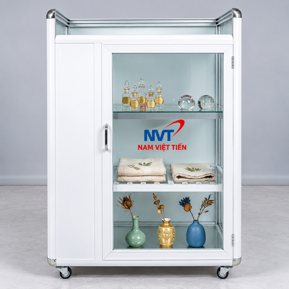 Tủ nhôm kính trắng cỡ nhỏ trưng bày nước hoa