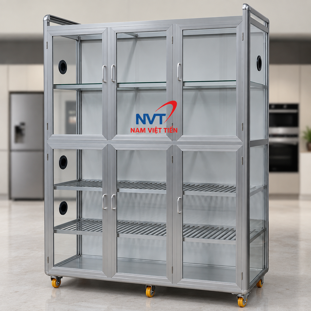 Tủ nhôm kính màu bạc thiết kế nhiều ngăn