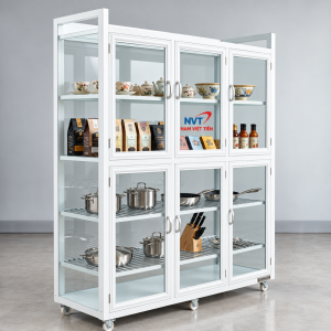 Tủ chén nhôm kính trắng đựng nồi và dụng cụ bếp