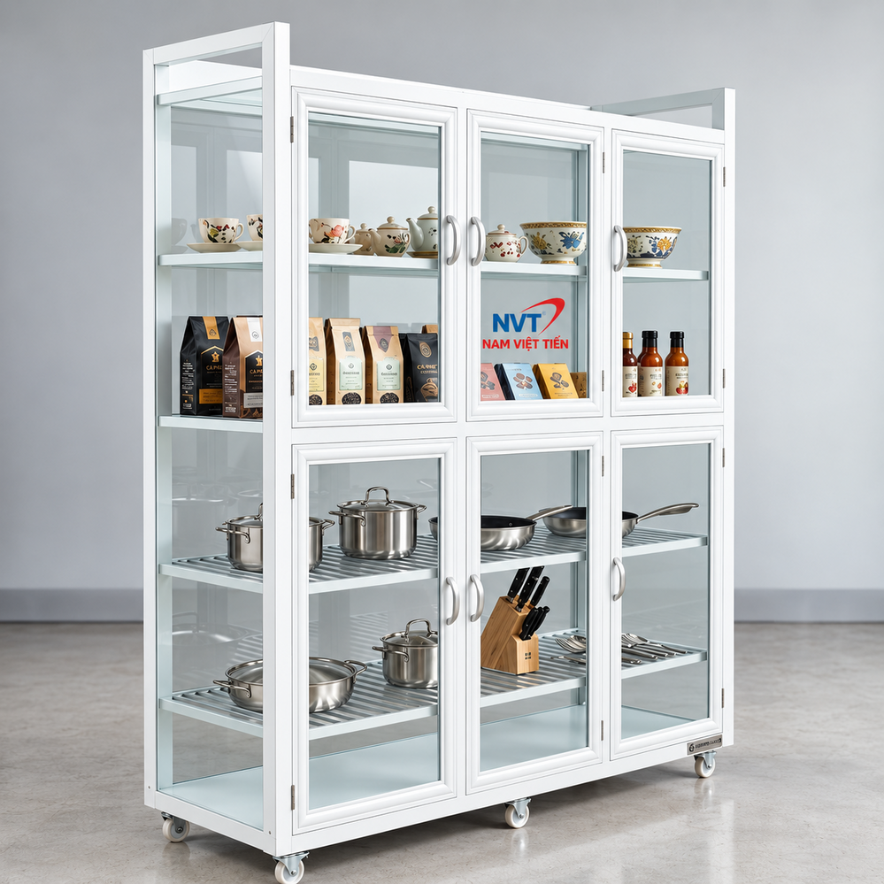 Tủ chén nhôm kính trắng đựng nồi và dụng cụ bếp
