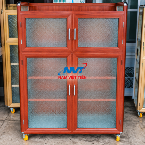 Tủ chén nhôm vân gỗ đỏ với kính mờ hoa văn