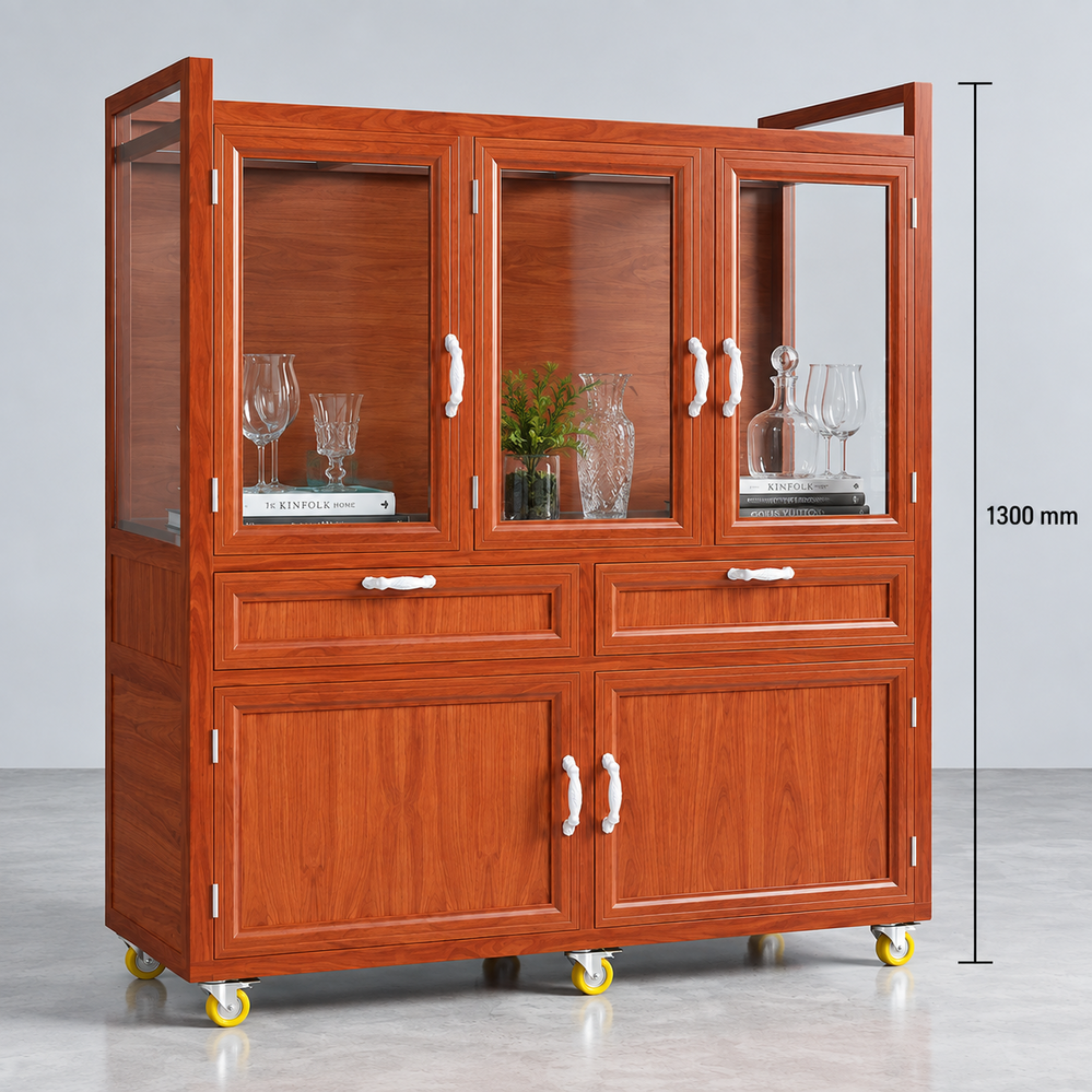 Tủ chén nhôm vân gỗ đỏ có ngăn kéo và cửa kính