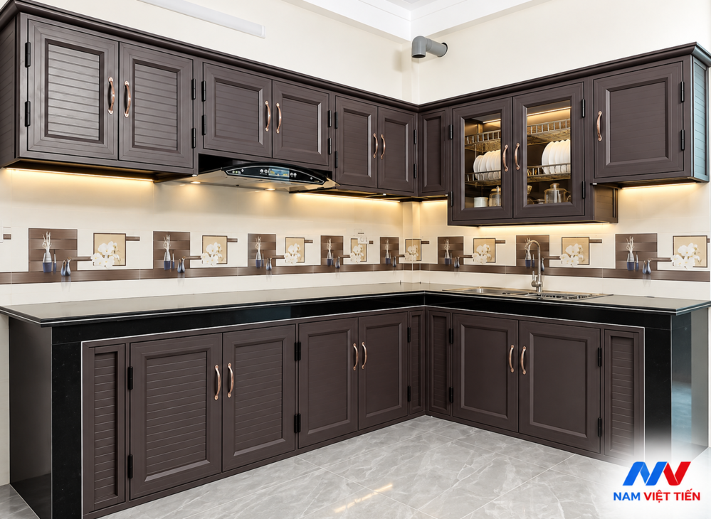 Tủ bếp vân gỗ nâu, tủ kính đựng chén đĩa
