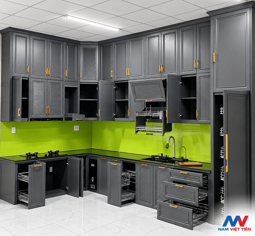 Tủ bếp khung nhôm xám trưng bày nhiều cánh mở
