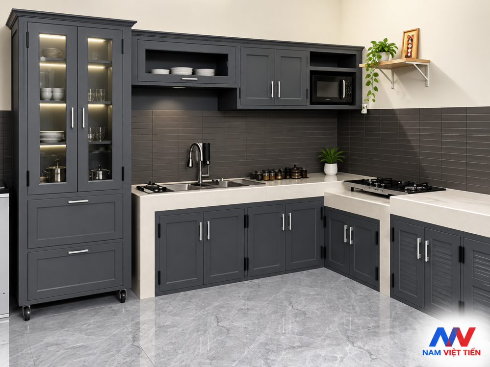 Tủ kính trưng bày rời có bánh xe cạnh bếp