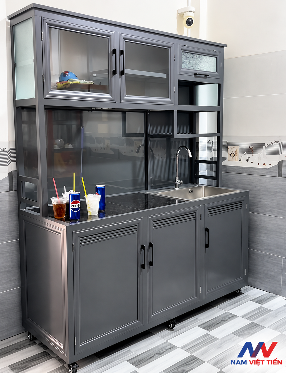 Tủ bếp nhôm di động có bánh xe, bồn rửa