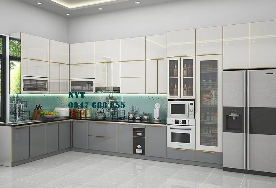 Tủ lạnh tủ rượu tích hợp gọn trong góc bếp Báo giá tủ bếp tấm nhôm tổ ong