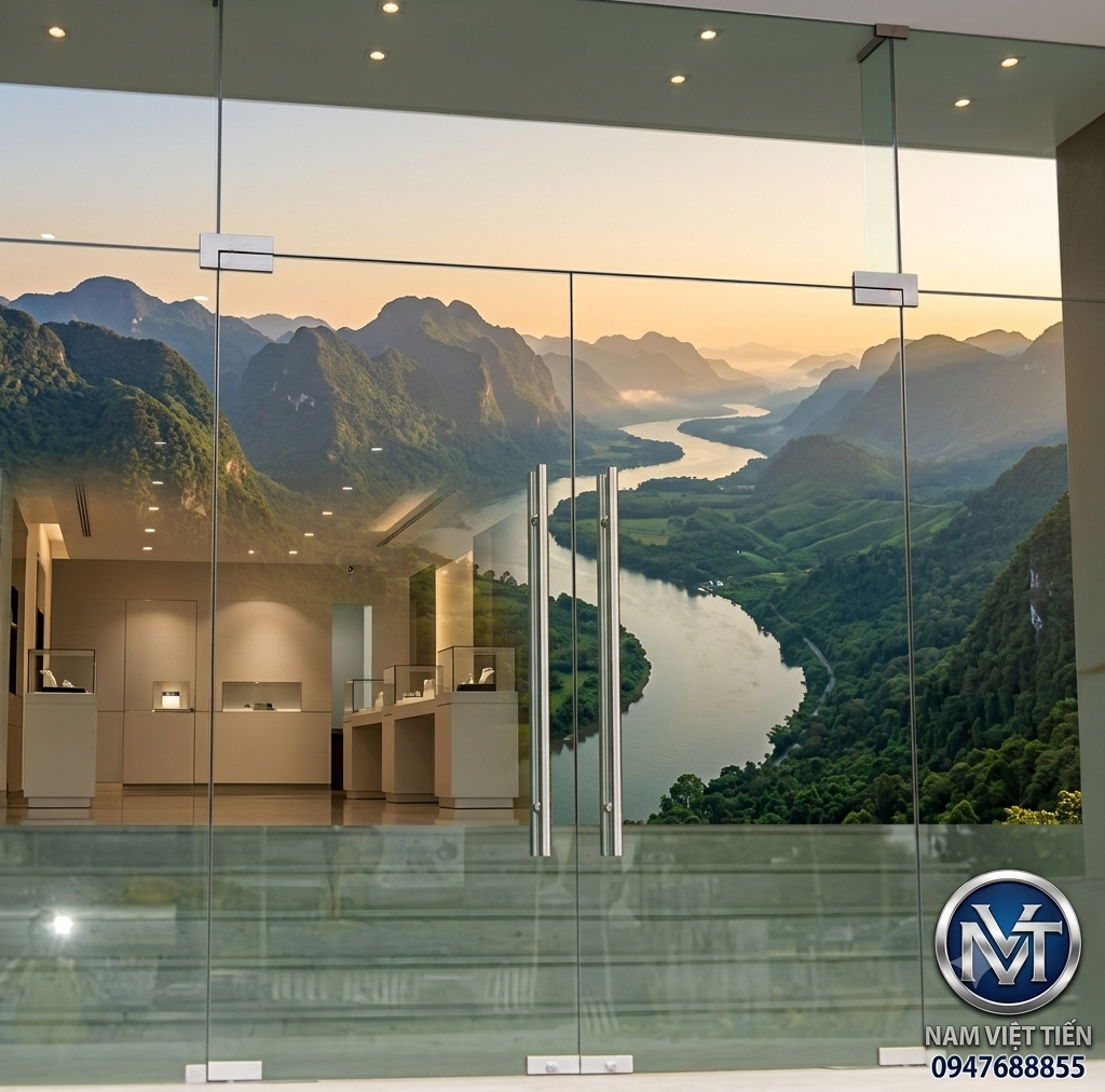 Cửa kính bản lề sàn hai cánh showroom