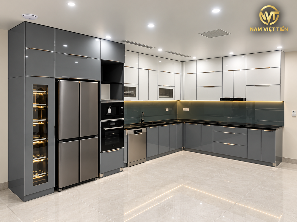 Tủ bếp nhôm hai tông xám trắng tủ rượu kính