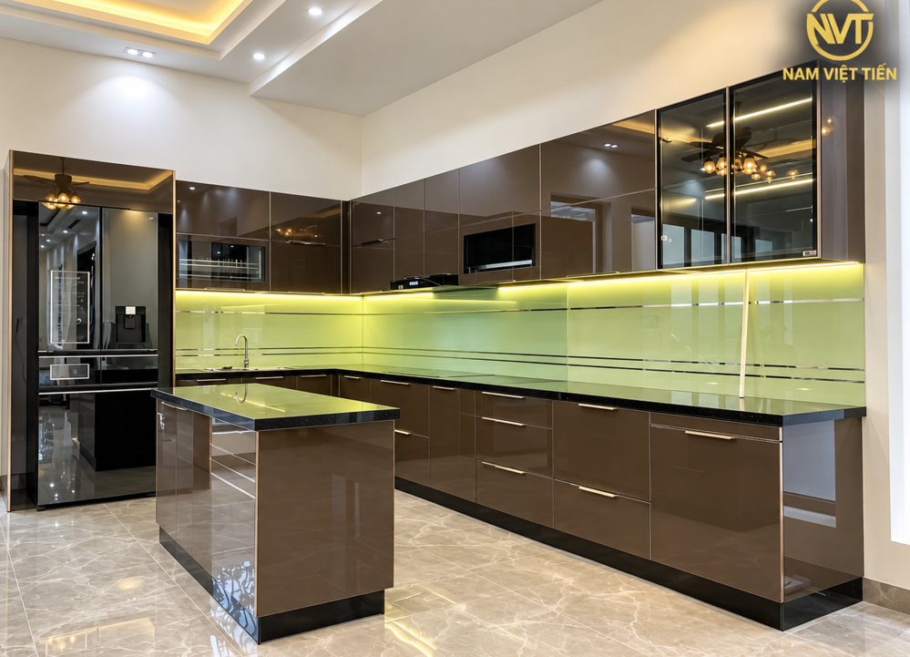 Tủ bếp nhôm nâu ánh kim, kính ốp xanh chanh