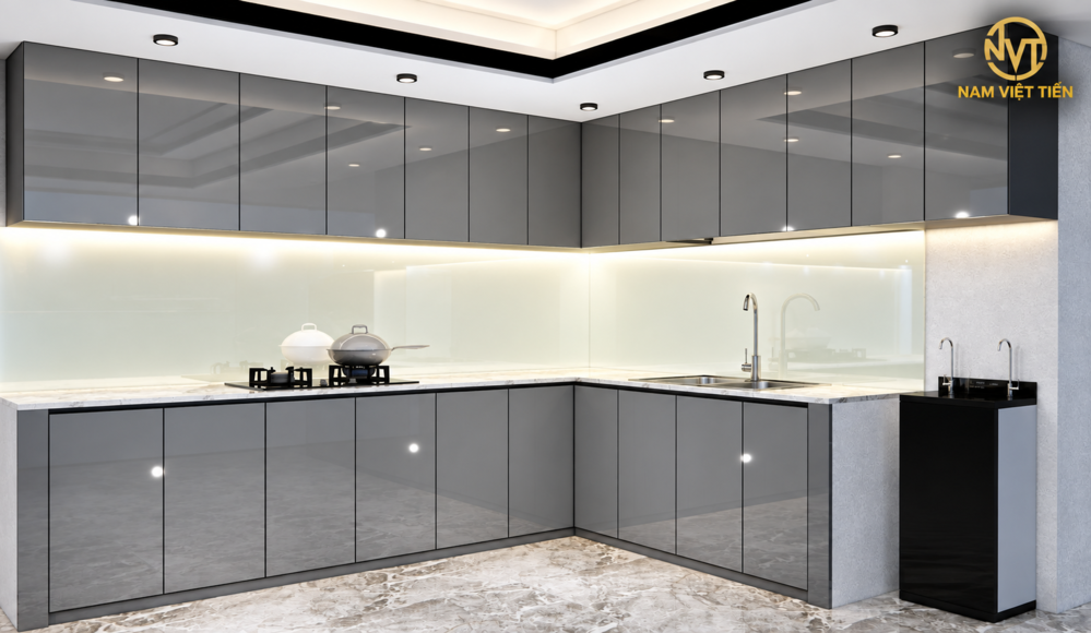 Cánh tủ phẳng không tay nắm tủ bếp nhôm xám đậm Tủ bếp nhôm xám đậm, cánh phẳng không tay nắm