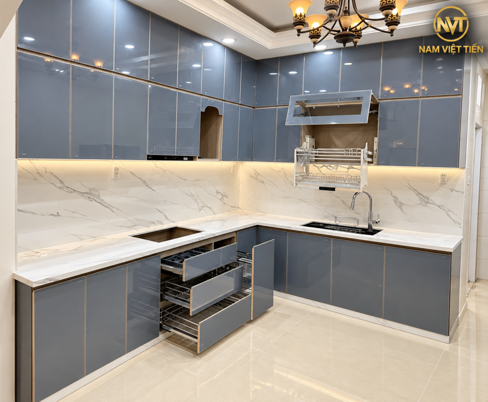 Tủ bếp nhôm xanh xám ngăn kéo mở chi tiết
