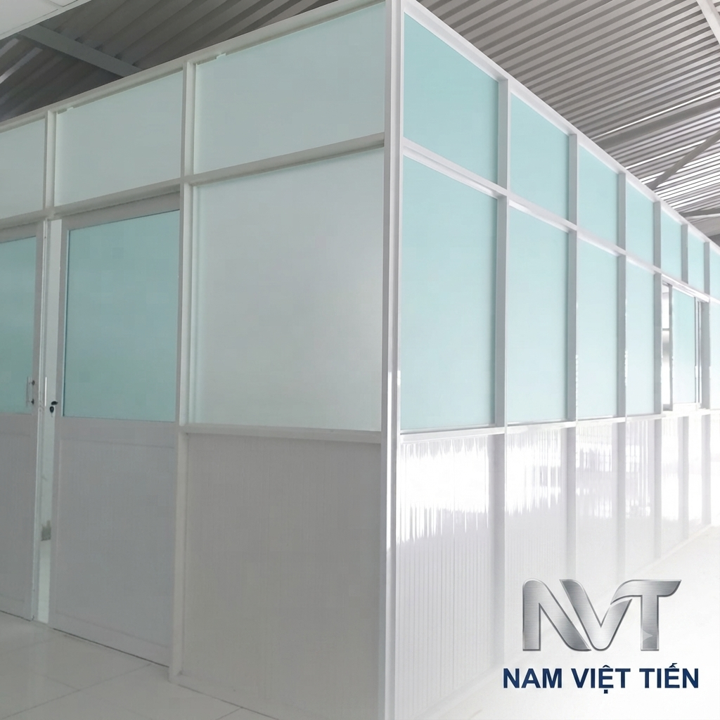Vách kính khung nhôm với mảng kính màu xanh nhạt