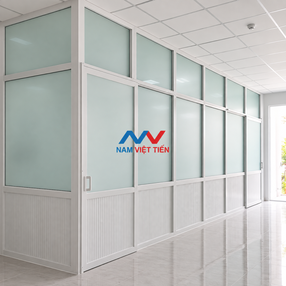 Vách ngăn nhôm trắng kính mờ dọc hành lang Vách ngăn nhôm trắng kính mờ chạy dọc hành lang văn phòng