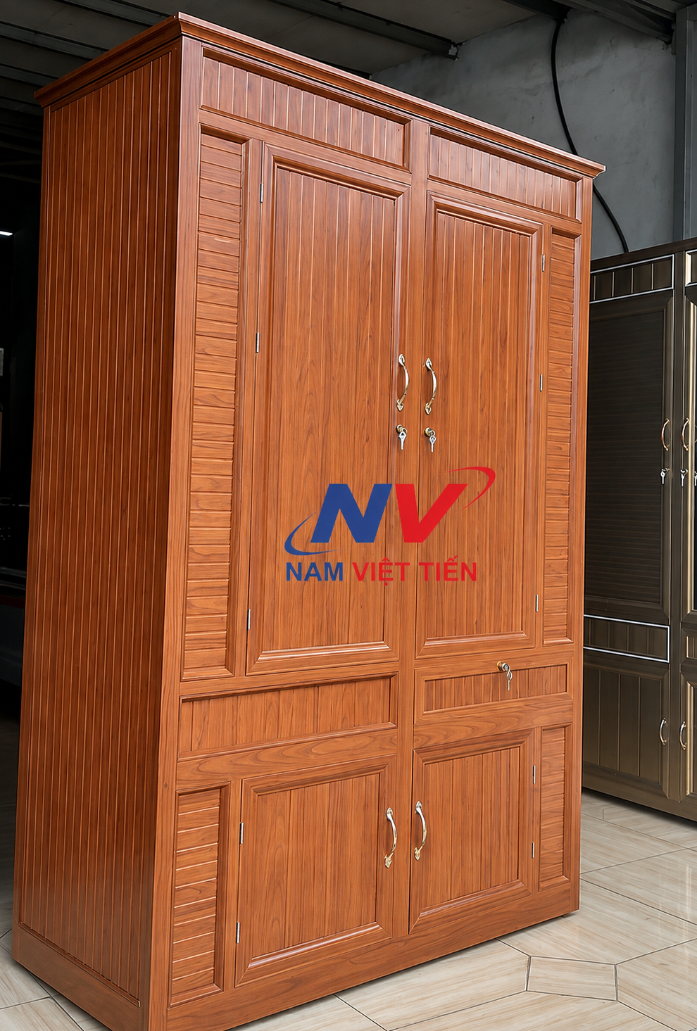 Tủ áo nhôm kính vân gỗ bốn cánh cao cấp