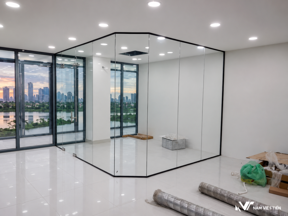 Cửa kính kết hợp vách kính văn phòng góc