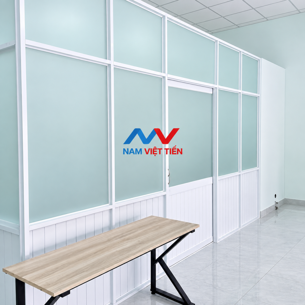 Vách ngăn nhôm trắng kính mờ có cửa đi Vách ngăn nhôm trắng kính mờ xanh có cửa đi, ngăn phòng đặt bàn làm việc