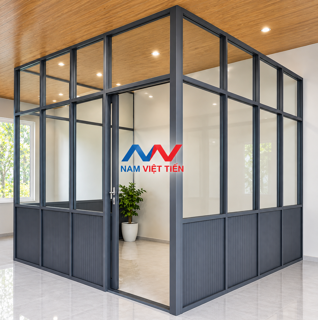 Vách ngăn nhôm kính khung xám có cây xanh Vách ngăn nhôm kính khung xám trần gỗ