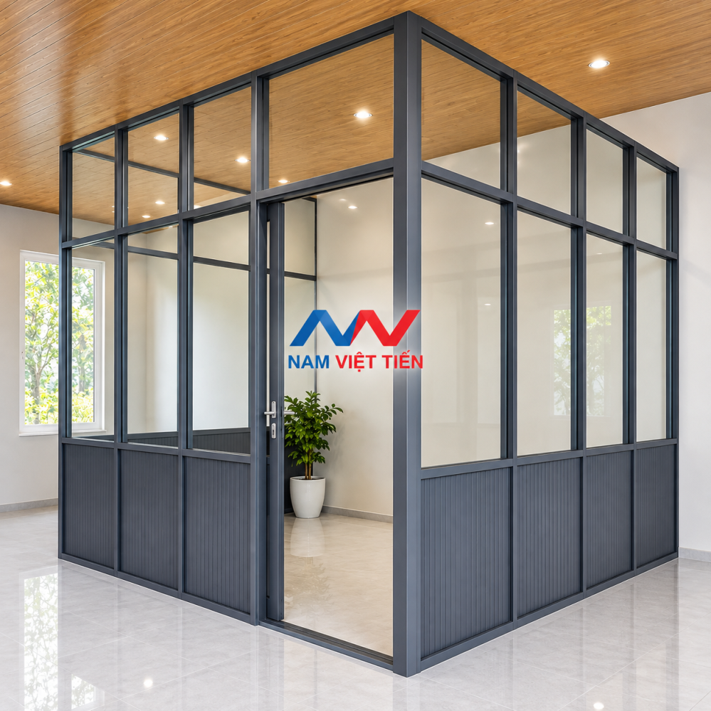 Vách ngăn nhôm kính khung xám trần gỗ