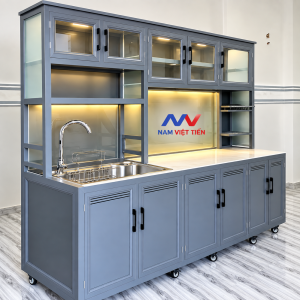 Tủ bếp nhôm kính di động bồn rửa dài