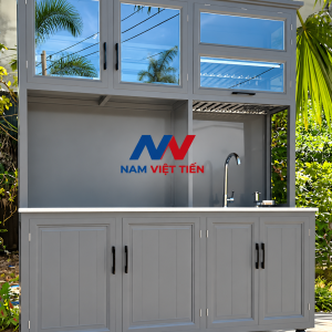 Tủ bếp di động màu xanh rêu có chậu rửa ngoài trời