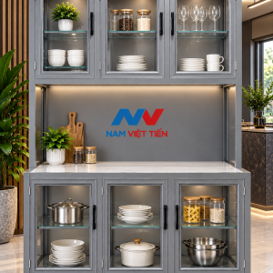 Tủ bếp nhôm kính di động có tủ kính đựng chén nồi
