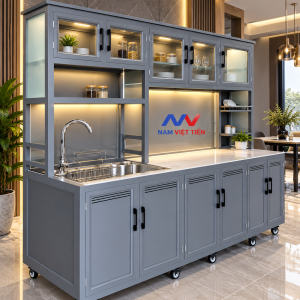 Tủ bếp nhôm kính di động có bồn rửa và kệ chén