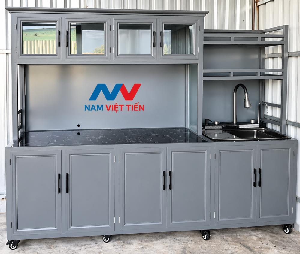 Mặt bàn và chậu rửa tủ bếp nhôm kính di động