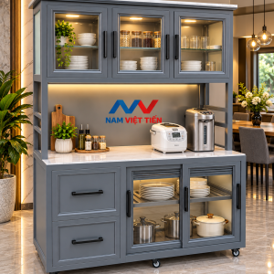 Tủ bếp nhôm kính di động có tủ kính trượt đựng nồi